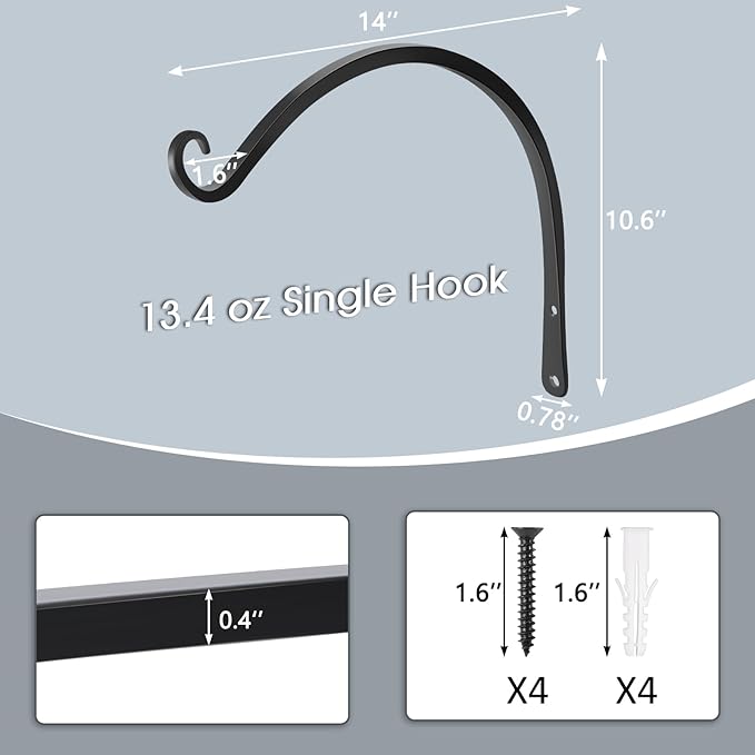 Gtongoko 2 Pack 14 Inch Plant Hangers Outdoor Metal, Plant Hooks for Wall Indoor, Outdoor Hooks for Hanging Bird Feeders, Plant Bracket, Lanterns, Wind Chinme, Black