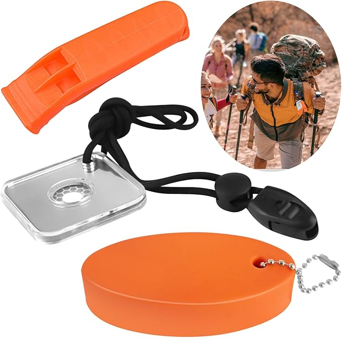 Outdoor Rescue Signal Mirror Floating Whistle Combo Survival Kit Flash Signaling Mirror Emergency Whistle Orange Float for Backpacking Camping Hiking Activities