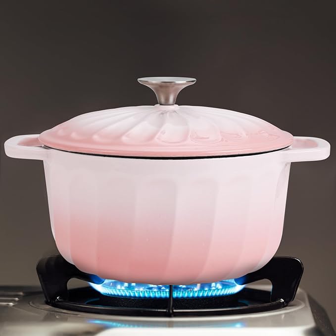 Enameled Cast Iron Dutch Oven with Lid, 6 QT Dutch Oven Pot for Bread Baking, Heavy Duty Cast Iron Pot for Braising, Cook, Bake, Refrigerate Safe across All Cooktops (Gradient Pink,6 QT)