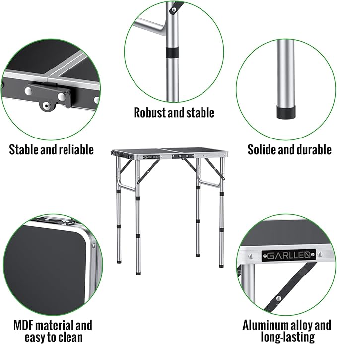 GARLLEN Folding Table, Adjustable Height Camping Table, Lightweight Portable Aluminum Picnic Table (22.8" L x 15.7" W (3 Height)) for Outdoor BBQ Dining Cooking