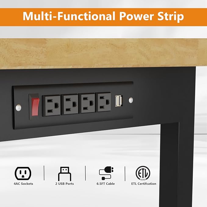 48" Work Bench, Adjustable Height Workbench with Rubber Pad, Heavy-Duty Solid Wood Work Table with Power Outlets, 2000 LBS Capacity Workstation for Garage, Workshop, Office, Home