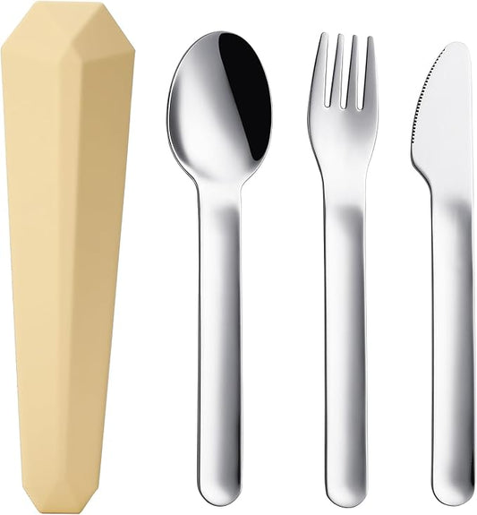 DEVICO Travel Utensils with Case, Reusable Camping Silverware Cutlery, 18/8 Stainless Steel Portable Fork Spoon Knife Set for Lunch Picnic School Workplace (Yellow)