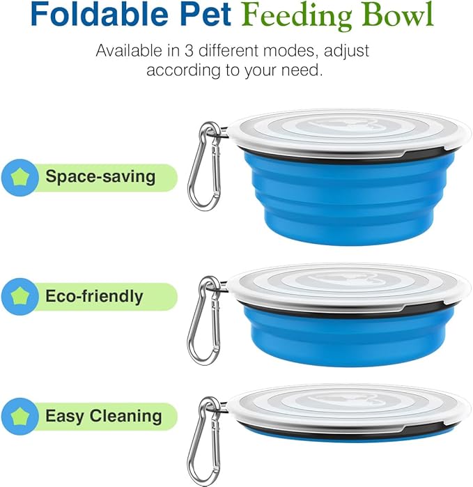 Pawaboo Collapsible Dog Bowls 2 Pack, Silicone Feeding Watering Bowls with Lids & Carabiners for Dogs Cats, Portable Water Feeder Food Bowl for Walking Traveling Home Use, 1000ml, Blue + Green