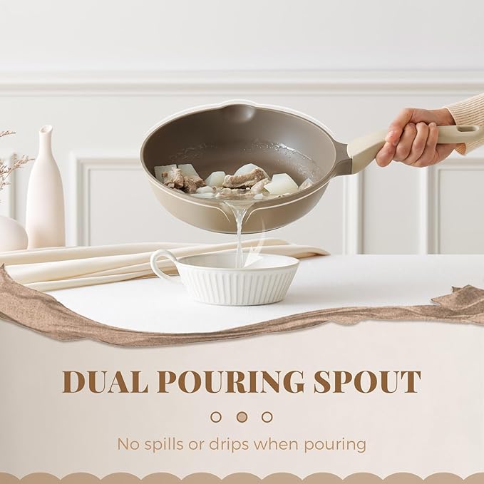 Nonstick Deep Frying Pan with Glass Lid, 12 Inch (4.8 qt), 5X Durable Nonstick Sauté Pan, Scratch & Stain Resistant, PFOA Free, Induction Compatible, Dishwasher & Oven Safe, Natural Linen