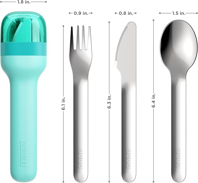 ZOKU Pocket Utensil Set, Teal - Stainless Steel Fork, Knife, and Spoon Nest in Case - Portable Design for Travel, School, Work, Picnics, Camping and Outdoor Home Use