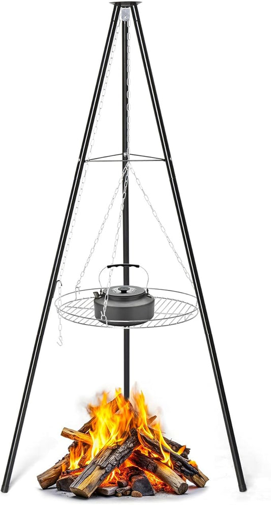 Outvita Campfire Tripod Grill, Adjustable Height BBQ Grill Grate Stainless Steel for Outdoor Camping BBQ, Black
