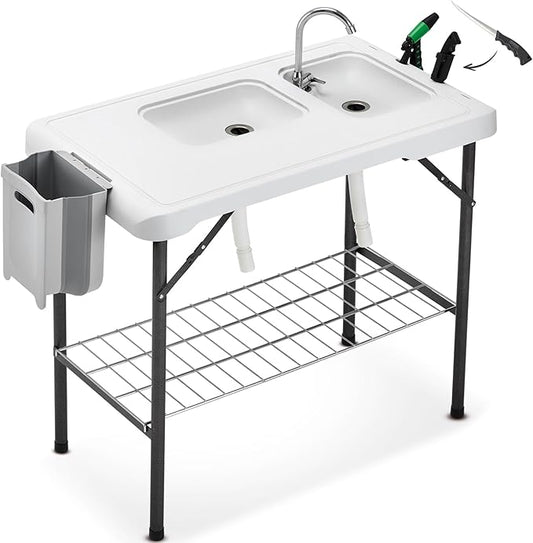 Folding Fish Cleaning Table Portable Camping Double Sinks Table w/2 Dual Water Basins, Faucet Drainage Hose & Sprayer Outdoor Fish Fillet Cleaning Station w/Knife, Storage Box,Black