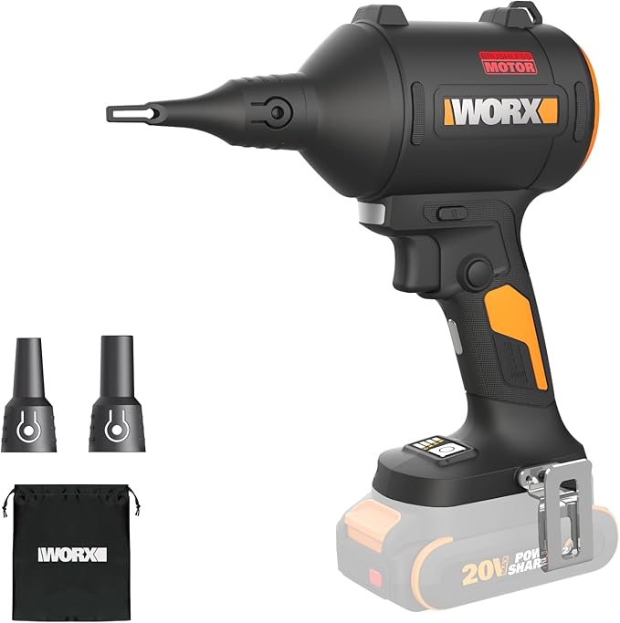 WORX Cordless Blower/Inflator, 20V 39 CFM 470 MPH Brushless High Speed Portable Dust Cleaner for Workshop, Lawn, Yard, Home, Lightweight Handheld Blower, Tool Only, PowerShare