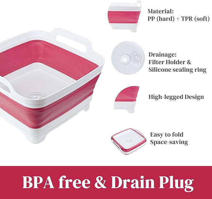 Collapsible Wash Basin for Baby Bottles - 2.4 Gallons Portable Dish Basin for RV Camping Sink, Space-Saving Dish Tub For Bottle Washing (Viva Magenta)