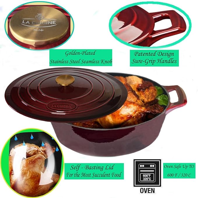 La Cuisine Enameled Cast Iron Oval Dutch Oven Casserole Dish Pot with Lid 5 QT Internal Matte Black Enamel Coating, Cranberry, Gold-Plated Stainless Steel Lid Handle, Oven Safe
