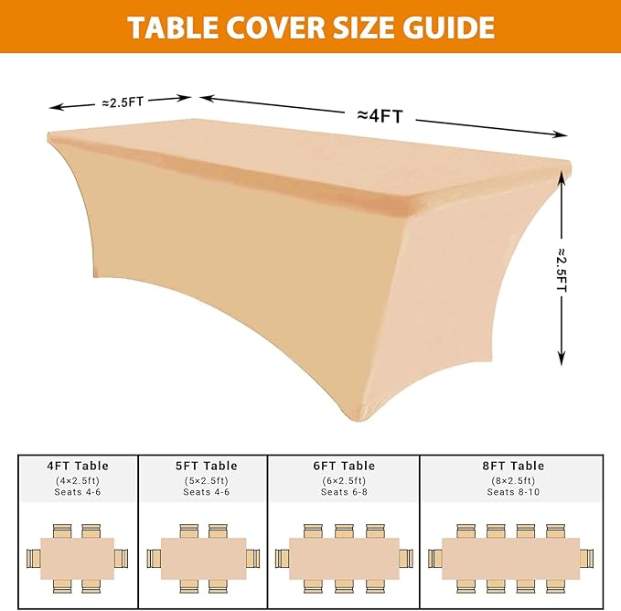 Eurmax USA 4Ft Rectangular Fitted Spandex Tablecloths Wedding Patio Table Covers Event Stretchable Tablecloth (Champagne)