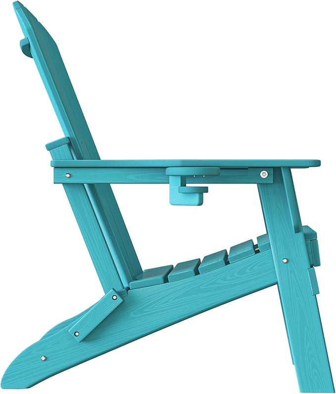 Folding Adirondack Chair, SGS Tested, Wooden Textured with Cup Holder, Heavy All-Weather HDPE Comfortable Set Poolside Backyard Lawn Aruba Blue Set 4