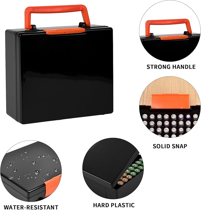 FULLCASE Battery Storage Organizer Holder Holds 72 AA AAA Batteries, Box Cases Garage Container, Home Drawer Organization Dispenser (Case Only) (Black)