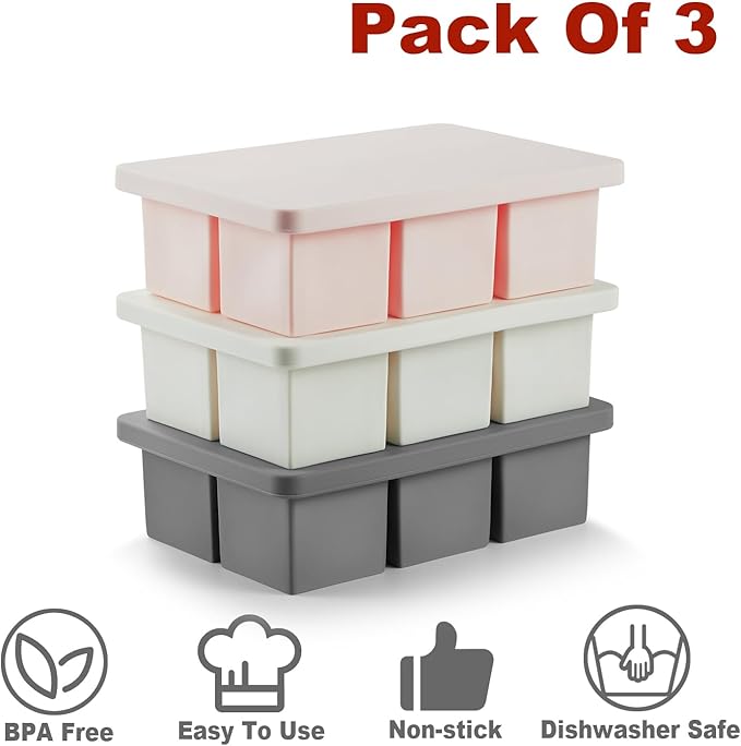 Nax Caki Ice Cube Trays 3 Pack for Whiskey, Large Square Silicone Ice Cube Molds for Whiskey Ice Cube Maker for Cocktail Old Fashioned 2inch Ice Cube Tray