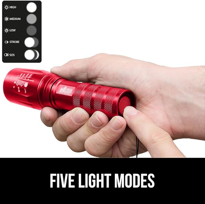 GORILLA GRIP Powerful LED Tactical Flashlight, 750 FT High Lumens 5 Adjustable Modes, Water Resistant, Ultra Bright Zoom Flashlights, Small Mini Flash Light, Camping, Night Dog Walking, 2 Pack Red