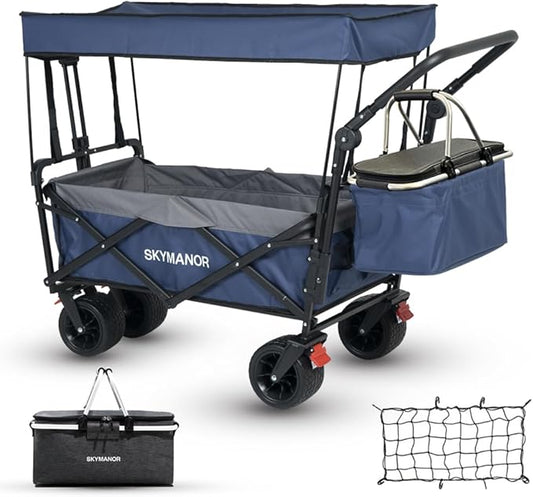 SKYMANOR Collapsible Wagon with Removable Canopy, 3-in-1 Heavy Duty Garden Cart with Big All-Terrain Wheels, Brakes, Adjustable Push Pull Handle, Cooler Bag, 300LBS Wagon Cart for Camping (Blue)