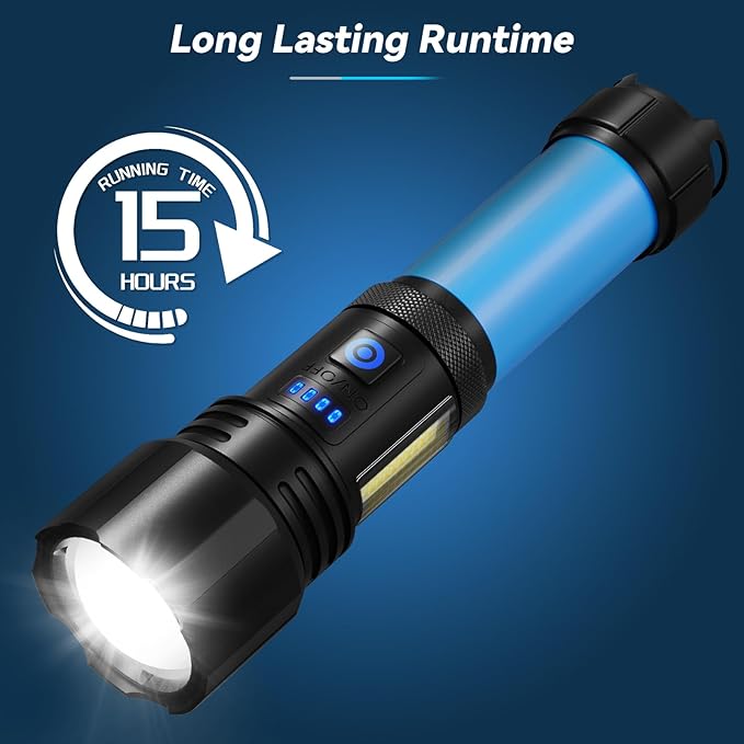 Rechargeable Flashlight, High Lumens Super Bright Flash Light, 7 Modes with COB Work Light, IPX6 Waterproof, Powerful Handheld LED Flashlights for Home Camping Hiking