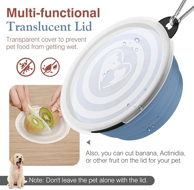 Pawaboo Collapsible Dog Bowls 2 Pack, Silicone Feeding Watering Bowls with Lids & Carabiners for Dogs Cats, Portable Water Feeder Food Bowl for Walking Traveling Home Use, 1000ml, Light Pink + Blue