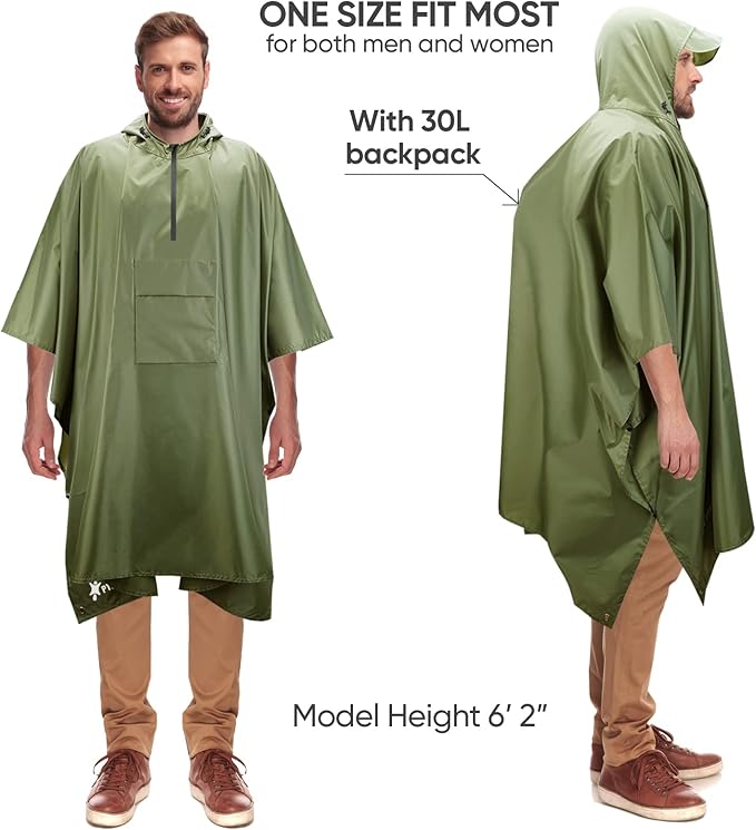 PTEROMY Hooded Rain Poncho for Adult with Pocket, Waterproof Lightweight Unisex Raincoat for Hiking Camping Emergency