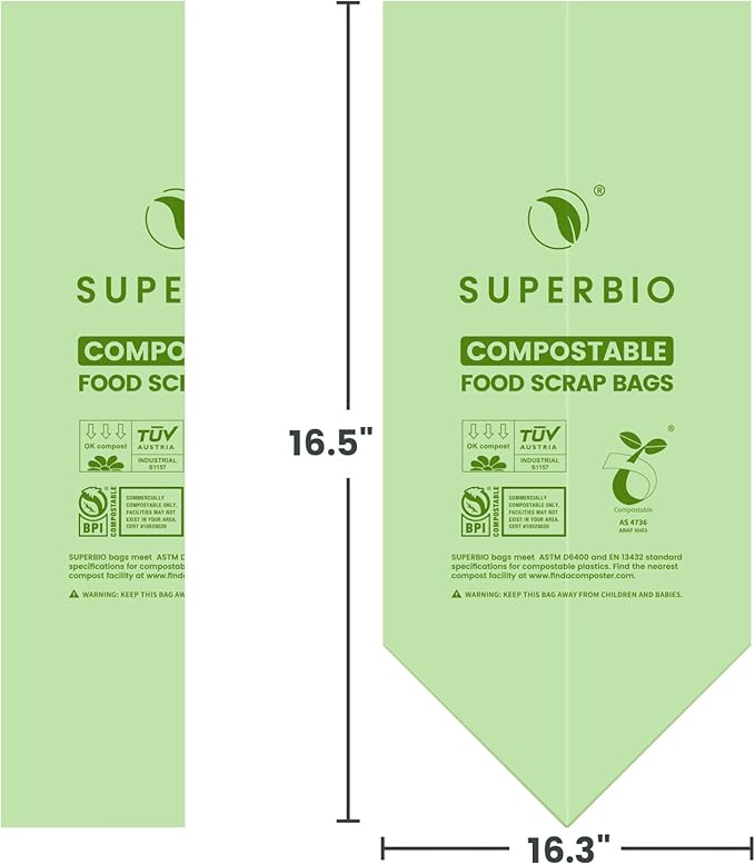 SUPERBIO 2.6 Gallon Compostable Food Waste Bags, 100 Count, 1 Pack, Flat Top Food Scrap Bags， ASTM D6400，Certified by BPI and OK compost INDUSTRIAL,9.84L