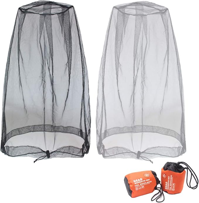Benvo Mosquito Head Net Mesh, Face Neck Fly Netting Hood from Bugs Gnats Noseeums Screen Net for Any Outdoor Lover- with Carry Bags Fits Most Sizes of Hats Caps (2pcs, Black and Grey, Updated Big Net)