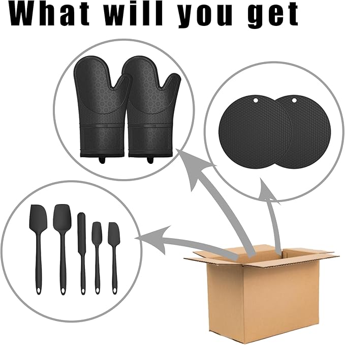 Oven Mitts with Heat-Resistant Hot Pads and Five Silicone Spatulas Designed for Kitchen Baking Cooking, Oven Glove Soft Cotton Lining, Waterproof, BPA-Free (New-Black, 12.6)