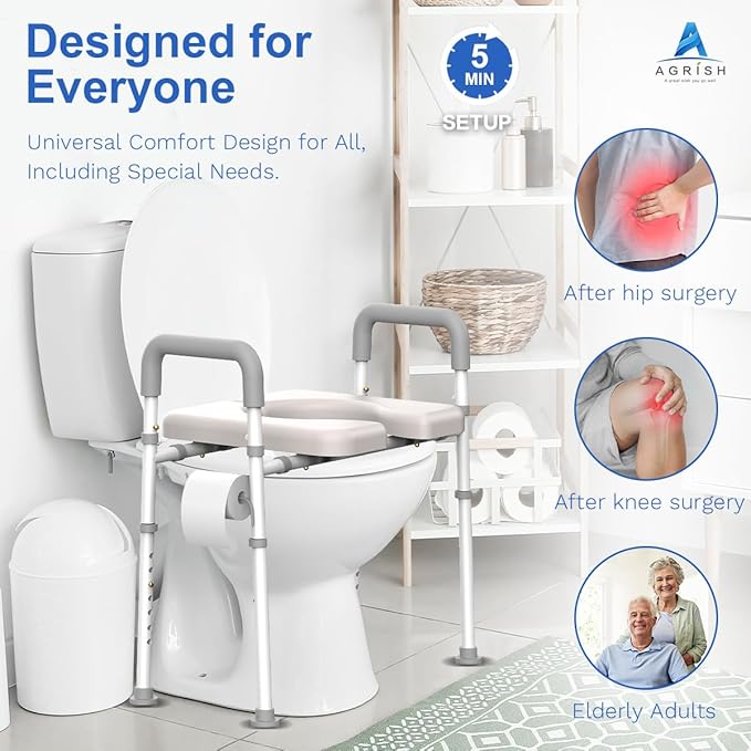 Raised Toilet Seat with Handles - Width & Height AdjustableToilet Seat Risers for Seniors, Heavy Duty Handicap Toilet Riser, Fit Any Toilet, Up to 400lbs