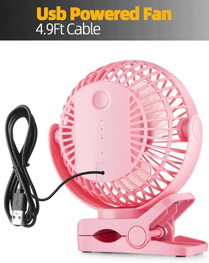 Viniper 6 inch USB Clip on Fan, Portable Small Desk Fan : 360° Rotation, 3 Speeds Wind Table Fan, Quiet Powerful for Home,Office (USB Powered Fan Not Rechargeable) - Pink