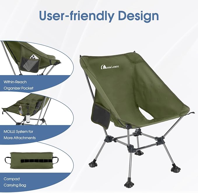 MOON LENCE Camping Chair Plus, Upgraded Comfort & Size, Still Compact and Lightweight, Folding Portable Chair for Backpacking & Hiking, 400Lbs Capacity, Gen 3 Plus (Green with Groundgrip Feet (Plus))
