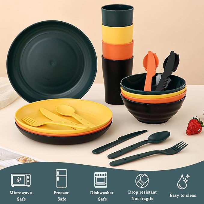 Camping Mess Kit for 4 with Bowl, Plate, Cup, Spoon, Fork, Knife and Carry Bag, Plastic Camping Accessories Essentials Gear for Travel, Picnic, Outdoor, Easy to Carry & Store