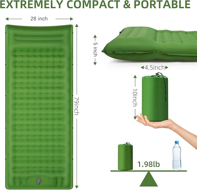 Camping Sleeping Pad, Extra Thick 5 Inch Camping Mat with Pillow Built-in Foot Pump Inflatable Sleeping Pads Compact for Camping Backpacking Hiking Traveling Tent