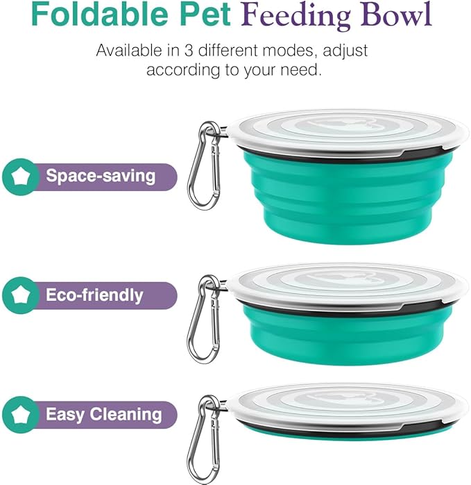 Pawaboo Collapsible Dog Bowls 2 Pack, Silicone Feeding Watering Bowls with Lids & Carabiners for Dogs Cats, Portable Water Feeder Food Bowl for Walking Traveling Home Use, 1000ml, Violet+Turquoise