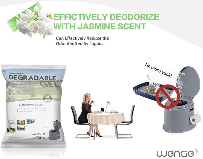 Wenge Portable Toilet Powder, 45Pack Jasmine Scent Pee Powder Solidify Body Fluids in 1 Min, Easy to Port Waste Liquid, for Camping Portable Toilet, Solidifies Urine & Diarrhea in Pet Loo