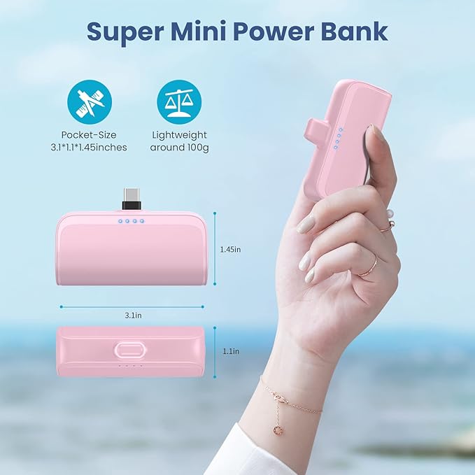 Mini Portable Charger for iPhone 16/15 Series,5200mAh 3A PD USB C Fast Charging Power Bank, Ultra-Compact Cell Phone Battery Pack for iPhone 16/16Plus/15Pro Max,Samsung,Android,Moto,LG,iPad-Rose Pink