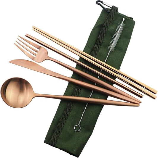 Gugrida Reusable Travel Utensils, 7 Piece Portable 304 Stainless Steel including Knife Fork Spoon Chopsticks Cleaning Brush Straws Portable Pouch, Eco-friendly Camping Silverware Set, Dishwasher Safe