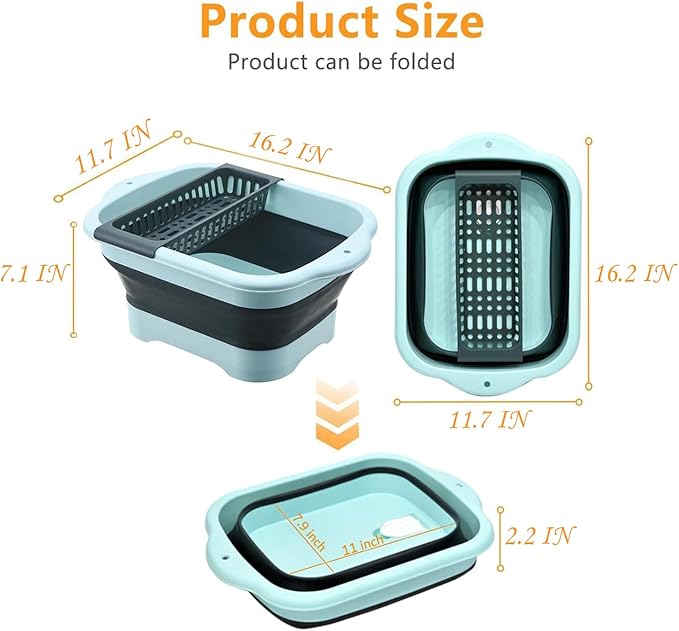 2.77 Gallon (10.5L) Collapsible Dish Basin with Drain Plug, Outdoor Multiuse Foldable Sink Tub, Dishpan, Wash Basin, Portable Kitchen Storage Tray for Camping, RV, Beverage Bucket (Green)