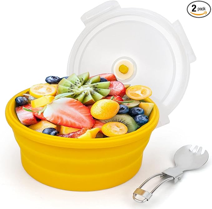 1200ml Large Collapsible Bowl With Lid, Camping Bowl with Foldable Spoon, Silicone Bento Box For Meal Prep & Food Storage, Microwave Safe, Orange