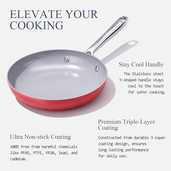 Nonstick Ceramic Frying Pan 10 Inch for Induction Cooktop - Non Toxic, PTFE/PFOA/PFAS Free, Oven & Dishwasher Safe up to 500°F - Non Stick Small Skillet with Stay-Cool Handle - Fusion Red