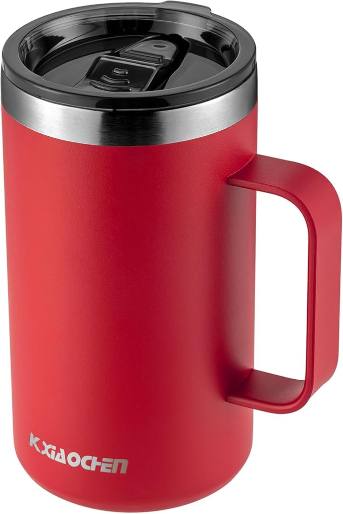 KXIAOCHEN 20oz Insulated Coffee Mug with Lid, Stainless Steel Coffee Cup, Double Wall Vacuum Coffee Tumbler with Handle, Premium Thermal Travel Coffee Mug (Red)