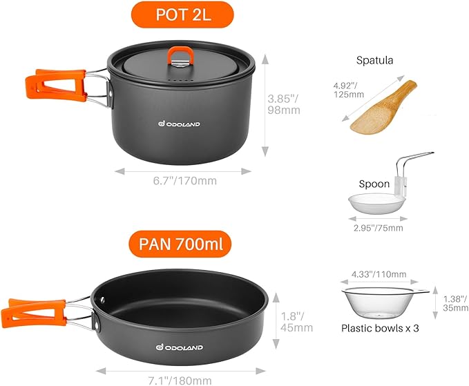 Odoland 9pcs Camping Cookware Non-Stick Lightweight Pots and Pans Set with Plastic Bowls Soup Spoon for Backpacking, Outdoor Cooking and Picnic