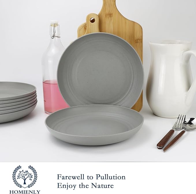 Homienly Deep Dinner Set of 8 Wheat Straw Plates - Alternative to Plastic, Microwave & Dishwasher Safe, Unbreakable & Lightweight Round Plates (Grey,9 inch)