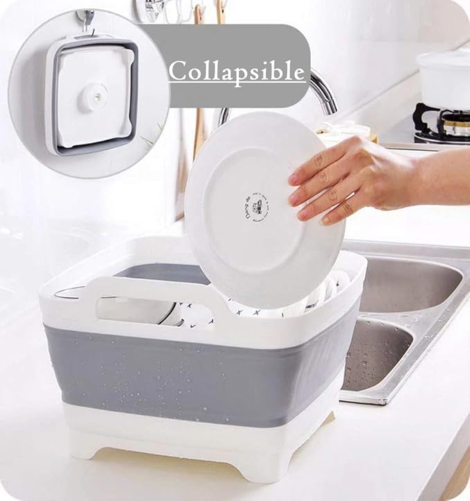 9L (2.4Gal) Dish Basin Collapsible with Drain Plug Carry Handles,Kitchen Storage Tray Dish Wash Basin, Portable Dish Tub, Foldable Dishpan for Camping,RV,Gray