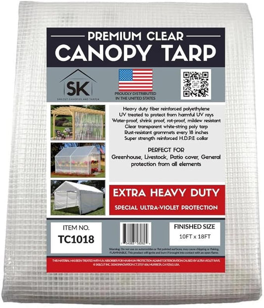 16 Mil Clear Poly Heavy Duty Tarp with Fiber Reinforcement - True Size Tarps with UV Protection, Tear Resistance, Flexibility, Reinforced Corners 10x18