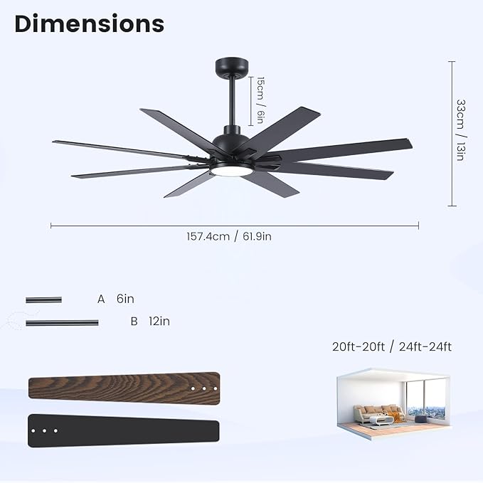 Newday 62 inch Large Ceiling Fans with Lights and Remote, Indoor/Outdoor Black Ceiling Fan for Living Room Patio, 6 Speeds Slient Reversible DC Motor, 3CCT, Timer, 2 Downrods, 8 Blades