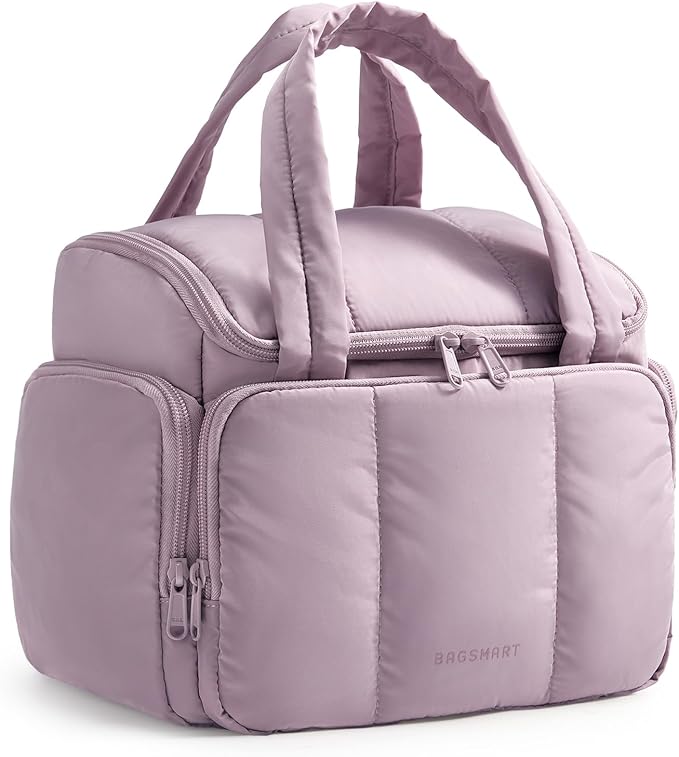 BAGSMART Puffy Travel Toiletry Bag, Roomy Makeup Bag with Multi-Pockets for Full-Sized Toiletries & Accessories, Purple