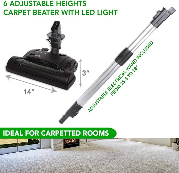 OVO Central Vacuum Carpet Deluxe Accessory Kit, 40ft Dual Voltage Hose with Pigtail, On-Off Switch at The Handle, 6 Adjustable Heights Electric Carpet Beater, 12’’ Floor Brush and Accessories, Black
