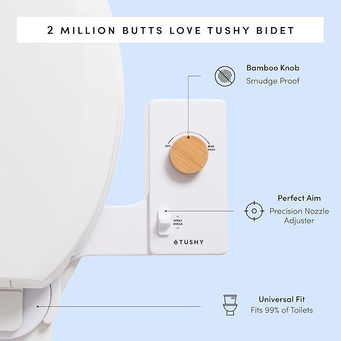 TUSHY Classic 3.0 Bidet Toilet Seat Attachment - A Non-Electric Self Cleaning Water Sprayer with Adjustable Water Pressure Nozzle, Angle Control & Easy Home Installation (Bamboo Knob)