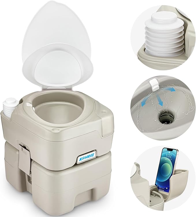 Kohree Portable Toilet for Camping 5.3 Gal: 20L Cassette Toilet Porta Potty for Adults with Diagonal Elongated Bowl Seat - Leakproof Bellows Flush Pump, Large Capacity Camping Toilet for RV Trailer