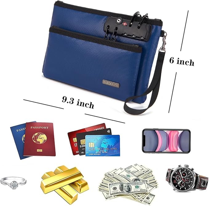 Fireproof Money Bag with Lock, Double layer Cash Bag BankBag for Cash, Valuable StorageBag,Fireproof Safe Box Money Pouch with Zipper (blue, Small)
