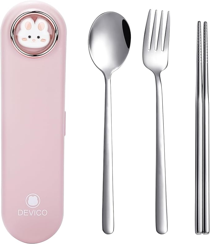 DEVICO Travel Utensils with Case Cute, Reusable Silverware for Lunch, Portable Cutlery Set, 18/8 Stainless Steel Fork Spoon Chopsticks in Cartoon Case, Dishwasher Safe (Pink)